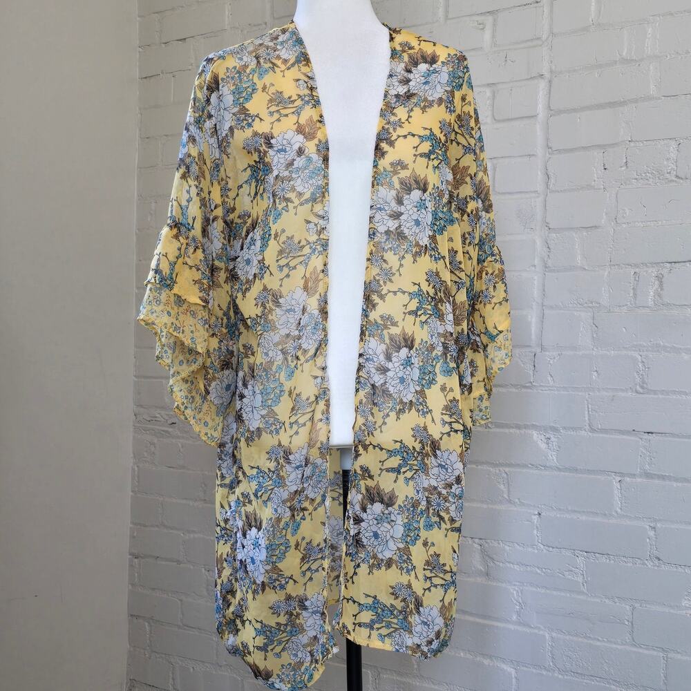 Yellow & Floral Chiffon Kimono Duster Tiered Ruffle Sleeve Boho Festival Coverup